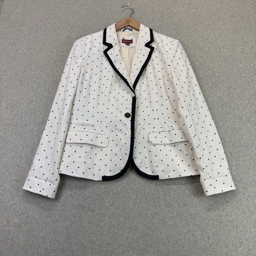 Merona Women's Polka Dot Blazer Jacket Size 14 White Black Contrast Trim